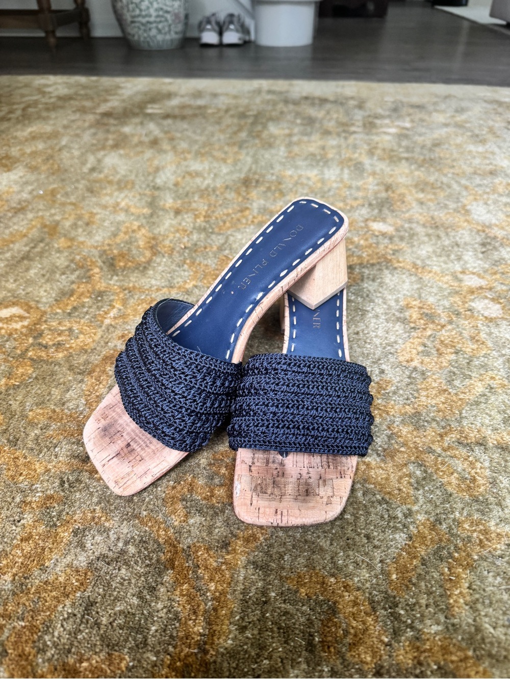 Donald J. Pliner Navy Woven Cork Block Heel Mules